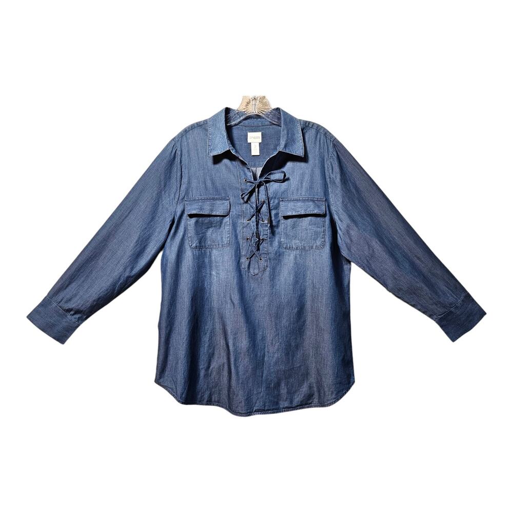 CHICO'S 2 Women's 12 14 Chambray Jean Shirt Lace Up Long Sleeve Cotton 42"